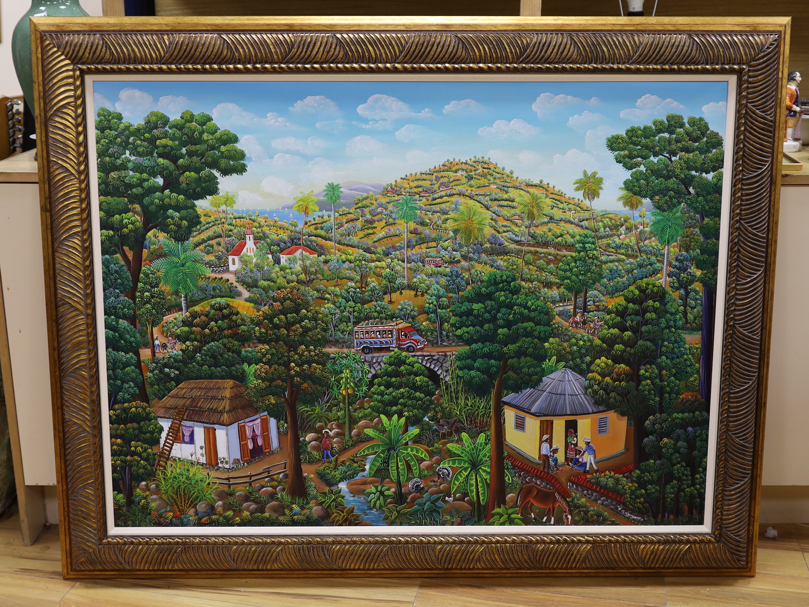 Jean David Boursiquot (Haitian 1949-), oil on canvas, 'Bus on a Bridge', 117 x 91.5cm
